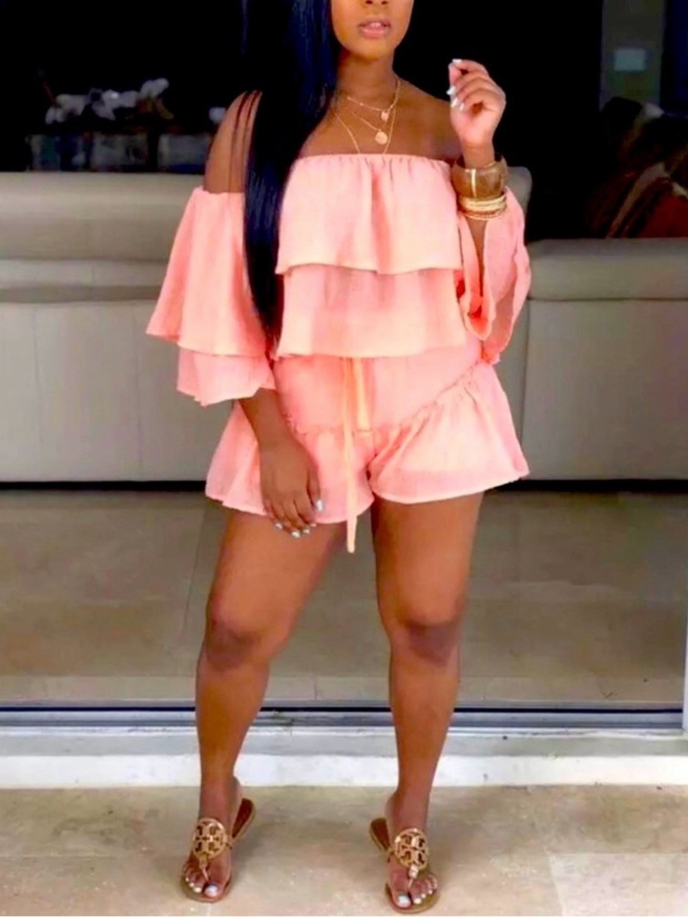 Off-Shoulder Peach Ruffle Women’s 2 piece set